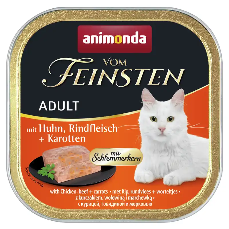 Sparpaket 8 x 100 g Animonda vom Feinsten Adult mit Huhn, Rindfleisch + Karotten mit Schlemmerkern Katzen Nassfutter Schnäppchen